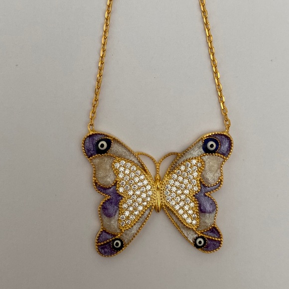 Jewelry - Purple butterfly evil eye cz 925 silver necklace